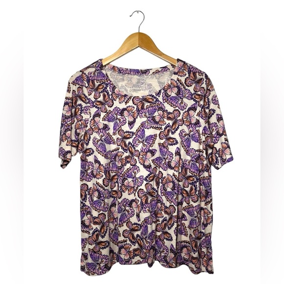 J. Jill | Pima Slub Scoop Neck Side Slit Tee | Purple Butterfly Print | Size L - Picture 1 of 5